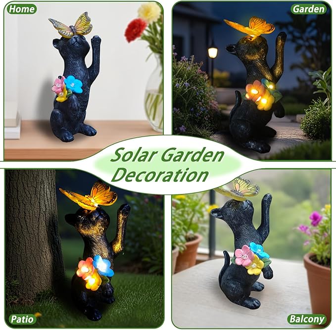 Solar Cat Garden Statue Outdoor Decor - Resin Cat Butterfly Statues for Outside Waterproof, Animal Figurines for Patio Balcony Yard Art Lawn Ornaments, Unique Birthday Gifts for Mom/Women/Grandma