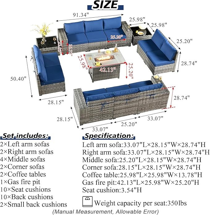 HOOOWOOO 13 Piece Modular Patio Outdoor Sectional Furniture Set with Gas Propane Fire Pit Table,Wicker Conversation Sofa Set,Out Door Couch Set with Wide Arm Outside(Navy Blue)