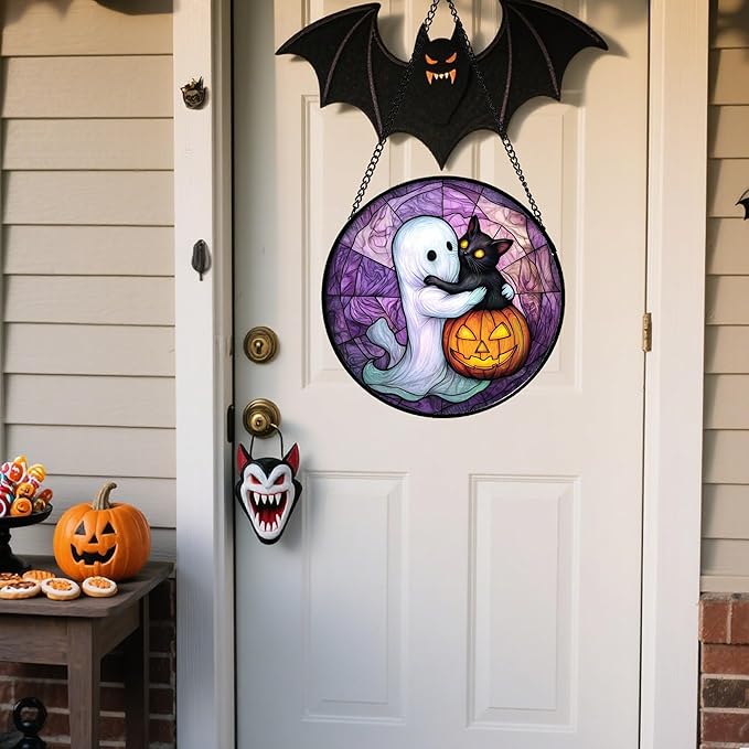 Stained Glass Window Hanging - Halloween Decorations Ghost Black Cat Pumpkin Suncatcher for Door Garden Spooky Purple Sun Catchers Gothic Decor Horror Gifts for Women Men Friend Boy 6.3 in