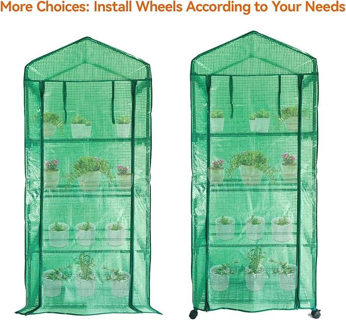 Mini Greenhouse,4 Tier Small Portable Greenhouses Kit with Caster Wheels and Roll-up Zipper PE Cover,Green House for Indoor Outdoor Seedling and Plant Growing 27.6" L x 19.7" W x 65" H,Green