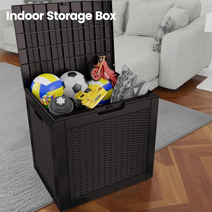 31 Gallon Outdoor Storage Box - Waterproof Resin Rattan Deck Bin for Indoor & Outdoor Use - Lockable & UV Resistant - Ideal for Package Delivery, Patio Cushions & Gardening Tools, Black