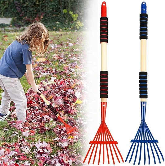 2 Pack Kids Rakes for Leaves, 28" Small Metal Toddler Rakes Garden Lawn Rake with Hardwood Handle and Soft Grip, Lightweight Child Size Yard Leaf Rake Kid Gardening Tools Set for Boys and Girls