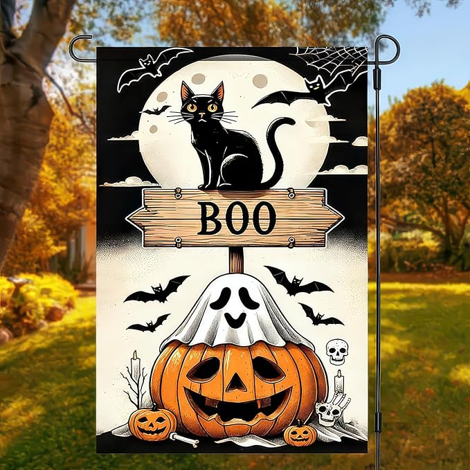 Halloween Garden Flag 12x18 Inch Double Sided Ghost Pumpkin Flags Cat Boo Sign Moon Bat Banner Small Yard Flag for Halloween Outdoor Decoration