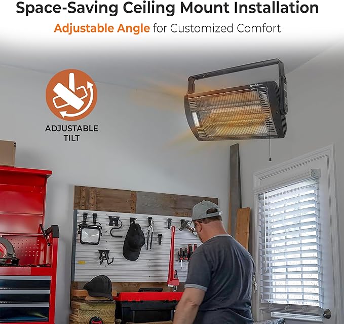 Comfort Zone CZQTV5M 750/1,500-Watt Ceiling Mounted Dual Quartz Radiant Heater with 90-Degree Adjustable Tilt, Metal Safety Grille, Overheat Protection (Hardware Included), Black