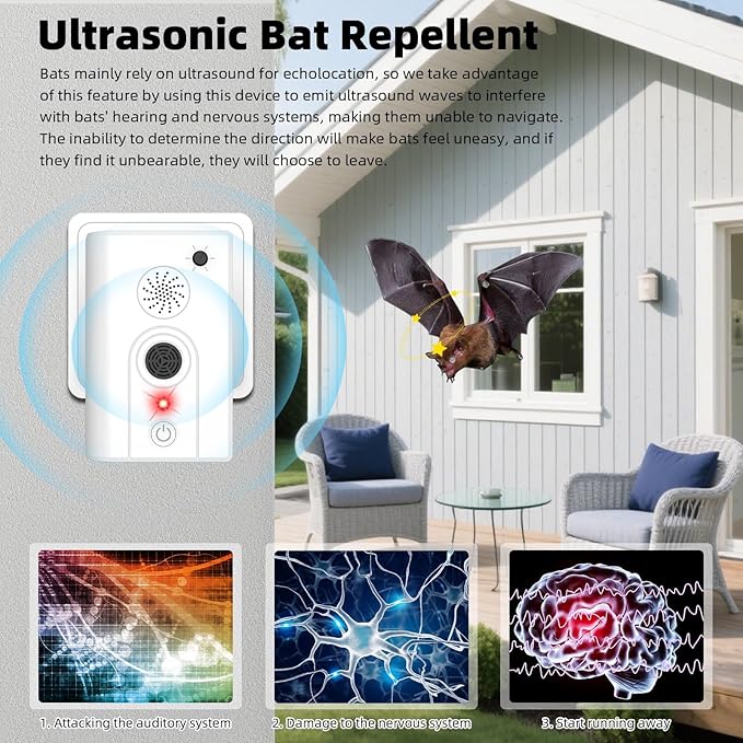 4Pack Upgraded Bat Repellent Deterrent Devices for Attic, Ultrasonic Bat Repellent for Indoor Use, Plug in Bat Deterrent System Bats Keep Away for Home, Friendly to Pet & Human