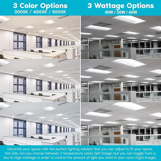 2x4 FT Center Basket LED Troffer Panel Light, 40/50/60W, 3 Color Options 3000K | 4000K | 5000K, Dimmable Drop Ceiling Lights, 5000/6250/7500 Lumens, Damp Rated, 120-277V, DLC Premium (4 Pack)