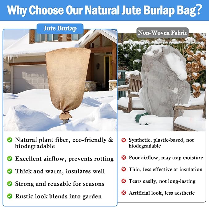 Legigo 3 Pack 45 X 70 Inch Burlap Plant Covers Freeze Protection Bags, Large Winter Plant Frost Covers with Drawstring, Reusable Tree Covers Burlap Frost Cloths Protection for Outdoor Plants Shrubs