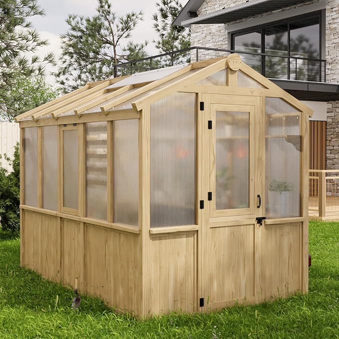 EAGLE PEAK 6.7x9.7x7.7 ft Wood and Polycarbonate Walk-in Greenhouse, Cedar Hobby Green House with 2 Roof Vents, Natural