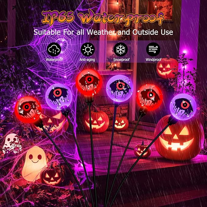 Halloween Decorations Outdoor Lights, 6 Pack 36LEDs Purple and Orange Solar Halloween Lights, Waterproof Swaying by Wind Spooky Solar Eyeballs Light for Yard Garden Party Halloween Decor