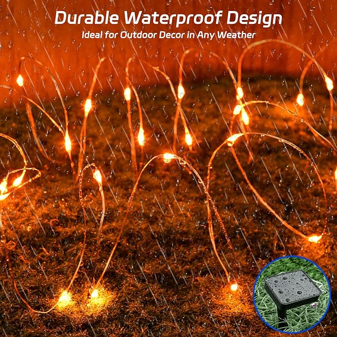 Halloween String Lights Outdoor Waterproof, Orange Solar Fairy Lights 16.4ft 50LED 8 Modes Orange Fall Outdoor Lights for Fall Decor Outside Pathway Patio Party Backyard Decorations
