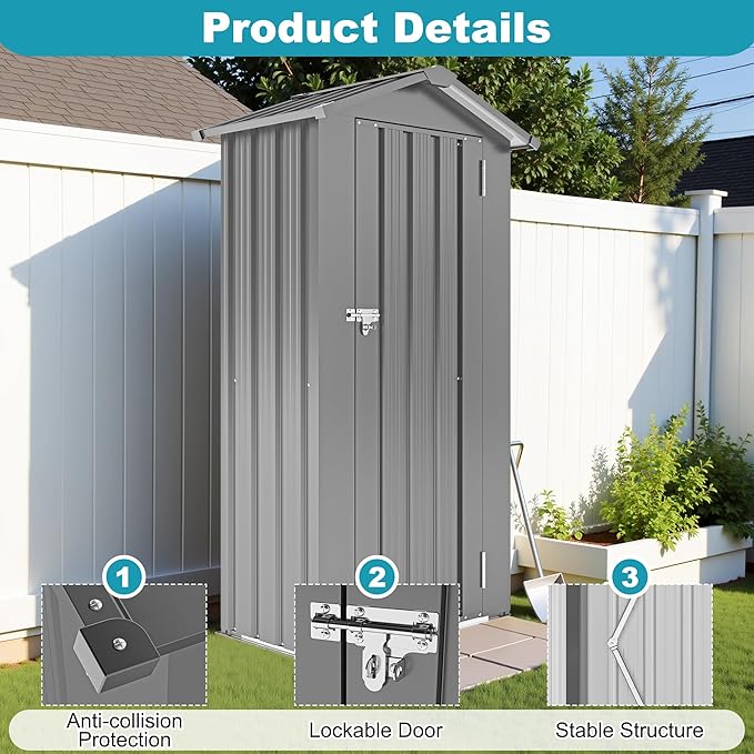 2.5x1.4 FT Outdoor Storage Shed, Metal Tool Shed with Lockable Doors & Peaked Roof, Galvanized Steel Garden Shed for Backyard Garden Patio Lawn, Black