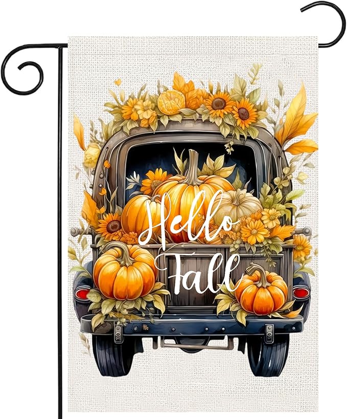 Hello Fall Pumpkin Truck Garden Flags 12x18 Vertical Double Sided, Autumn Thanksgiving Yard Flag for Outside, Holiday Seasonal Outdoor Decorations for Home