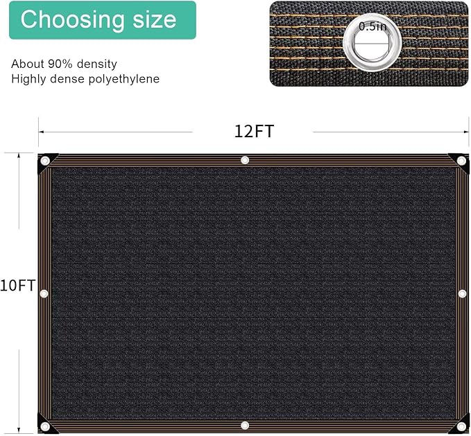 QNLONG Shade Cloth for Garden， 90% Black Shade Net Mesh Tarp with Grommets Sun Shade Cover Tear Resistance for Plants Greenhouse Chicken Coop Vegetables Pergola 10X12FT