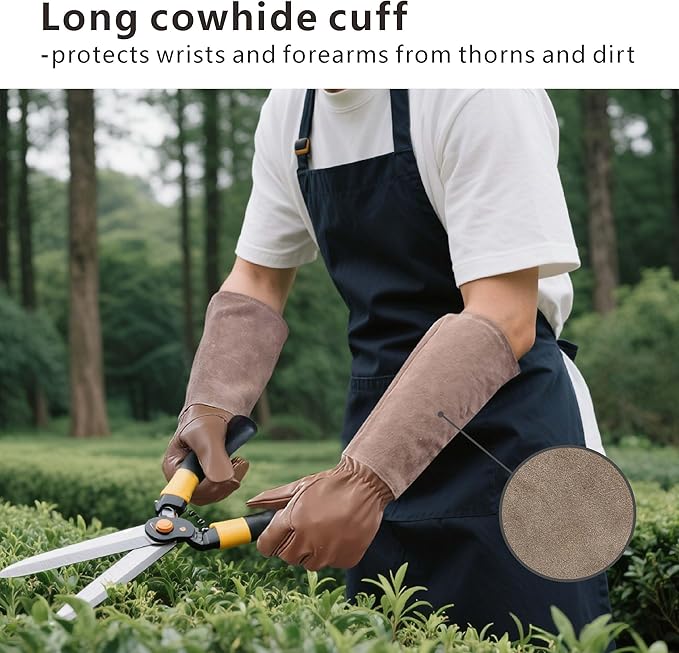 Leather Gardening Gloves – Goatskin Palm & Cowhide Cuff, Thorn-Resistant Long Garden Work Gloves for Men & Women(XL)