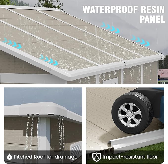 Outdoor Storage Shed, 8x8 FT Resin Shed with Floor and Lockable Door, Window & Vents, Tool Sheds & Outdoor Storage for Bike, Garden Accessories, Tools, Waterproof (Light Brown)