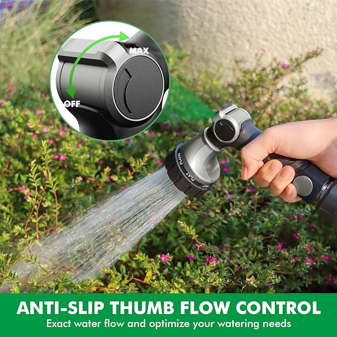 RESTMO Heavy Duty Hose Nozzle, Metal Garden Water Hose Sprayer with 7 Watering Patterns, Thumb Control, On Off Valve, High Pressure Nozzle Sprayer for Watering Plants, Car and Pet Washing, Silver