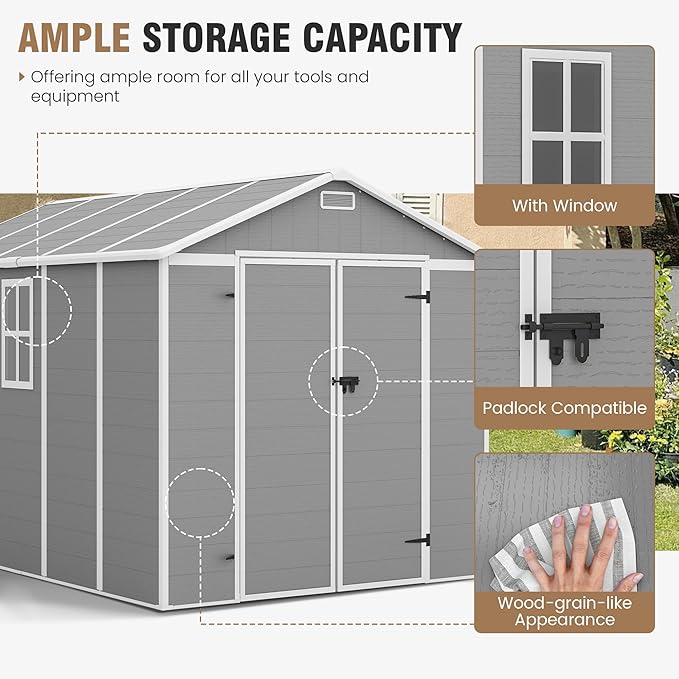 Outdoor Storage Shed, 8x10 FT Resin Shed with Floor and Lockable Door, Window & Vents, Tool Sheds and Outdoor Storage for Bike, Tools, Garden Accessories, Waterproof Grey & White