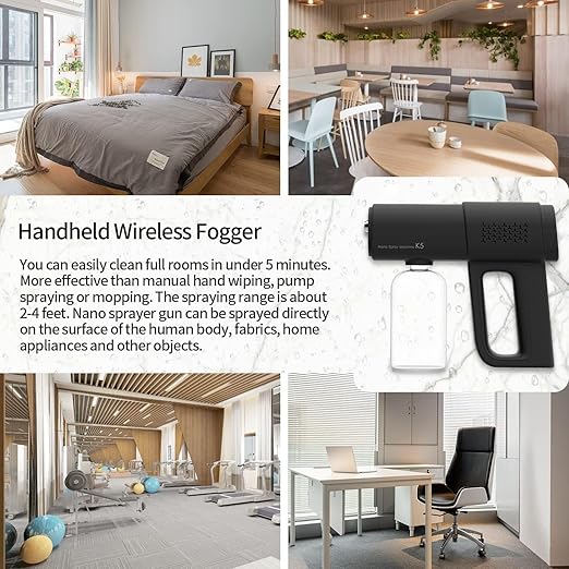 Disinfectant Sprayer Professional Disinfectant Fogger Machine, 380ml Wireless Nano Sprayer Gun Handheld Sanitizer Fogger, Blue Light Foggers for Touchless Sanitization (Black)