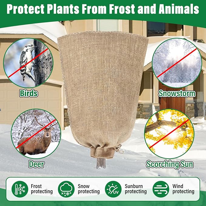Riare 4 Packs 45 × 70 Inch Burlap Winter Plant Cover Bags with Drawstring- Reusable Large Burlap Sack Plant Frost Protector, Plant Frost Cloth Cold Tree Freeze Blanket for Outdoor Plants Fruit Shrubs