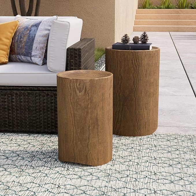 COSIEST Concrete Side Table, Set of 2 Round Outdoor Side Tables, Decorative Garden Stools for Indoor Outdoor, Accent Table Patio Side Table Nesting End Table w Light Oak Colored Faux Wood