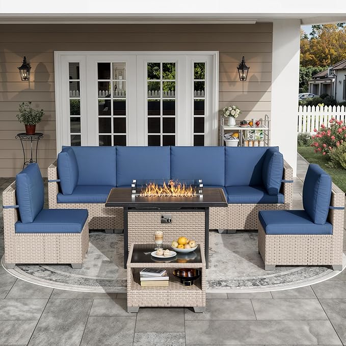 8 Pieces Patio Furniture Set with Fire Pit Table, Outdoor Sectional Wicker Sofa with Thick Cushions and Storage Coffee Table, Rattan Patio Conversation Sets, Navy