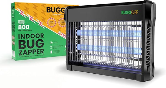 BUGGOFF Indoor Black Modern Electric Bug Zapper, 800 SQFT Coverage, 3500 Volts of Stunning Power, 20 Watts, Kills Mosquitos Gnats, Flys & More. 10 Year Warranty, X2 Free Repalcment Bulbs