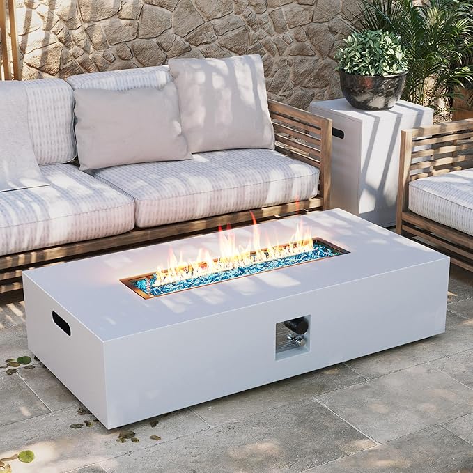 UPHA 56-inch Outdoor Propane Gas Fire Pit Table 50000 BTU Iron Rectangle Firepit for Outside Patio with Tank Hidden Table, Removable Lid, Blue Glass Rocks, Rain Cover, White