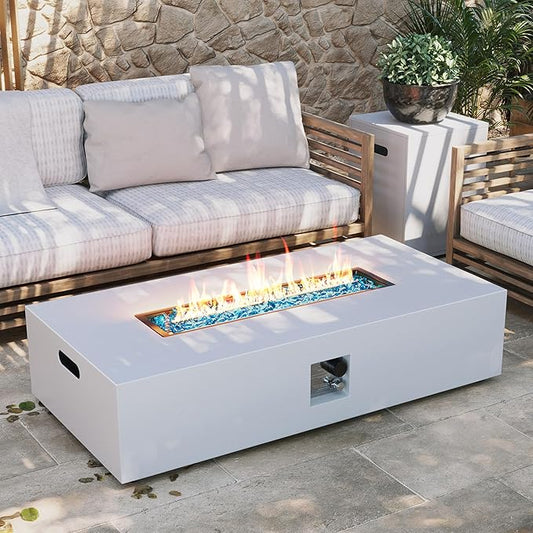 UPHA 56-inch Outdoor Propane Gas Fire Pit Table 50000 BTU Iron Rectangle Firepit for Outside Patio with Tank Hidden Table, Removable Lid, Blue Glass Rocks, Rain Cover, White