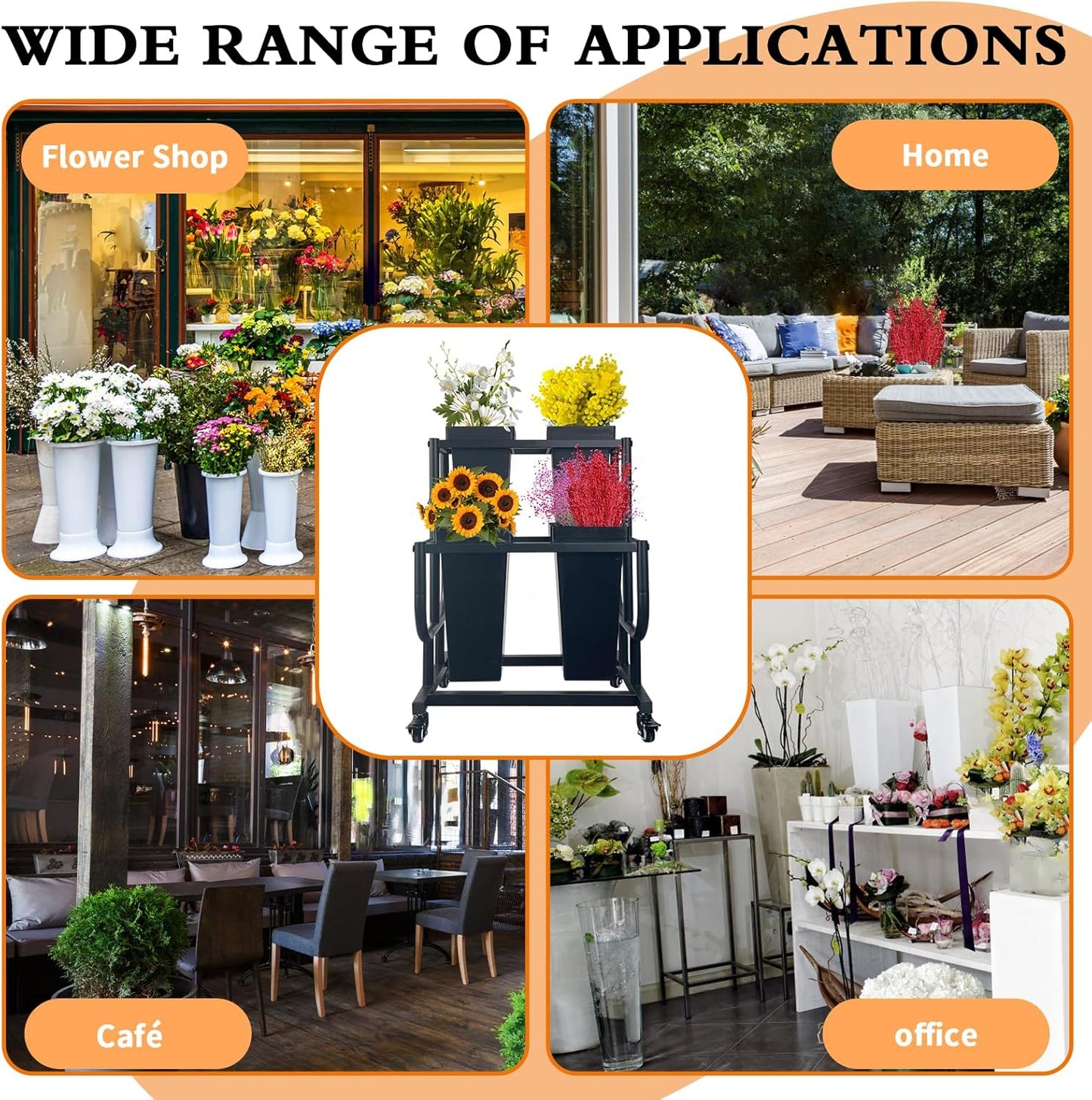 Tongmo 2-Tier Flower Display Stand with 4 Buckets - Movable Plant Cart for Heavy Duty Flower Rack - Perfect for Flower Shops, Homes, Cafés, and Offices (2-Tier with Bucket)