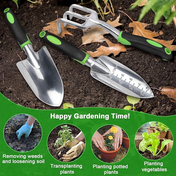 Garden Tools Set, 3 Pack Heavy Duty Gardening Tools Set Include Garden Shovel, Transplant Trowel and Hand Rake with Ergonomic Non-Slip Handle, Aluminum Alloy Lawn and Garden Hand Tools for Planting