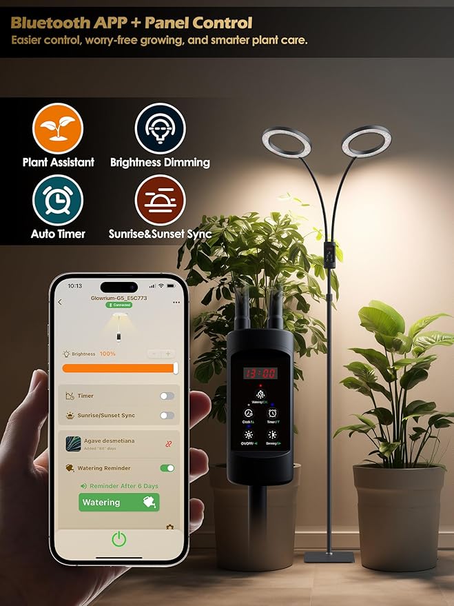 Smart Grow Lights for Indoor Plants,48W 2-Head Plant Light with Auto-Timer, Full Spectrum LED Grow Light, Adjustable Height & Stepless Dimming,Plant Assistant Suitable for Most Plants (Black, 48W)