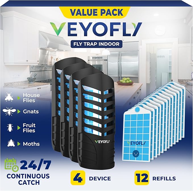 VEYOFLY Fruit Fly Traps for Indoors, Fly Trap Indoor, (4 Device + 12 Refills) Fly Catcher Indoor, Gnat Traps for House Indoor, Fly Trap, Plug in Light Flying Insect Trap, Bug Killer