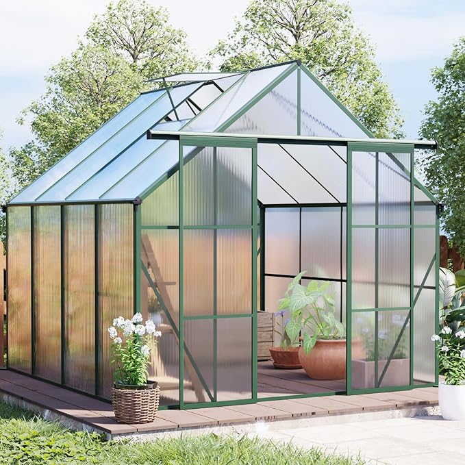KEIKI 8x8 FT Double Door Polycarbonate Greenhouse with Aluminum Frame,Raised Base and Roof Vent,Walk-in Greenhouses for Patio Garden Backyard