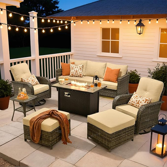 HOOOWOOO Outdoor Patio Furniture Set,7 Pieces Wicker Conversation Set,All Weather Couch Set with Fire Pit Table Swivel Chairs Ottoman 7 Seaters for Out Door Yard(Beige)