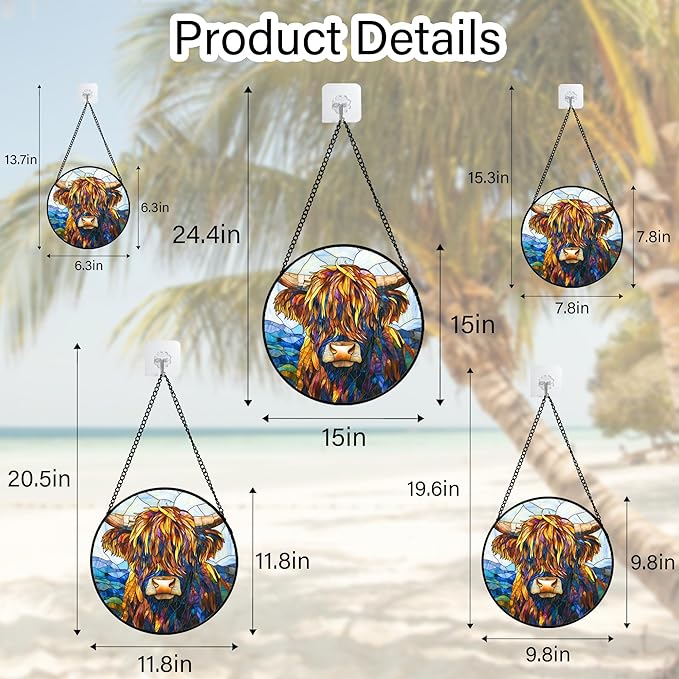 Stained Glass Window Hanging - Highland Cattle Suncatcher for Door Terrace Garden Home Decor Western Style Brown Cow Sun Catcher Birthday Gifts for Lovers Women Men Dad Mom Nana 15 in