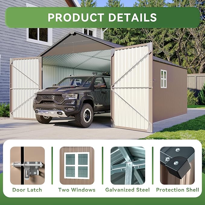 Aoxun 12'x20' Carport Shed Outdoor Metal Storage Sheds with Lockable Door & Sloping Roof- Ideal for Tools, Garden Equipment & Bikes, Perfect for Patio Placement(Brown)