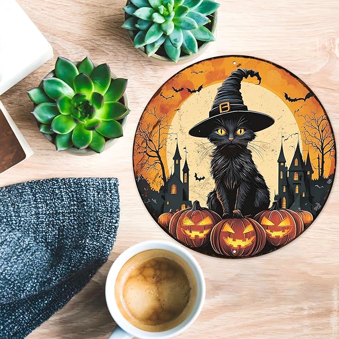 PEACHGARDEN Round Black Cat With Bats On Pumpkin Vintage Sign Halloween Metal Tin Sign for Home Bar Kitchen Hotel Dining Room Coffee 12x12inch