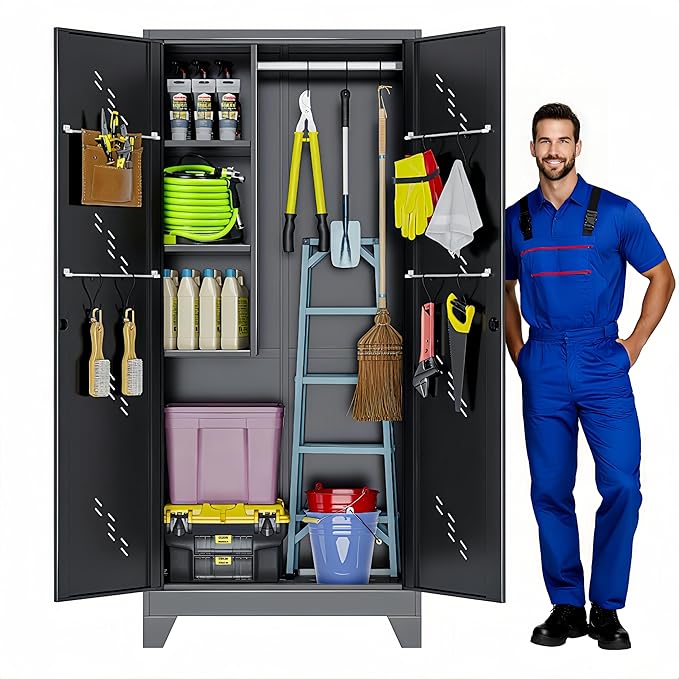 75" Outdoor Storage Cabinet – Heavy-Duty Lockable Metal Shed with Ventilated Doors, Perforated Stainless-Steel Bottom, Hanging Rod & Hooks, Easy Assembly