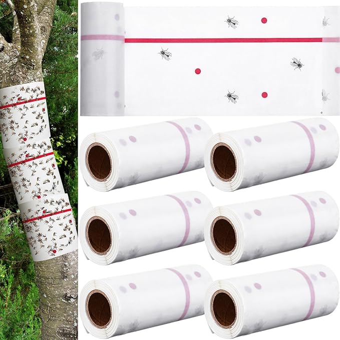 Qualirey 6 Rolls Spotted Lantern Fly Traps 30 Feet Each Roll Fly Tree Trap Sticky Strips Outdoor Fruit Glue Strips Disposable Tape Indoor Paper Sheets for Protecting Trees(White)