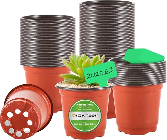 GROWNEER 60 Pcs 4'' Plastic Nursery Pots with 15 Plant Labels, Seedling Starter Containers for Flower Growing and Indoor Outdoor Garden Transplanting