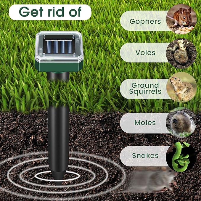 Mole Repellent Solar Powered 8 Pack Ultrasonic Repeller Gopher Vole Groundhog Snake Chipmunk Mole Deterrent Waterproof Sonic Spikes Get Rid of Moles in Your Yard