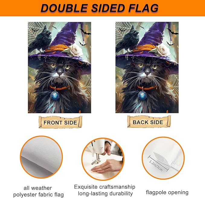IVN Halloween Garden Flag 12x18 Inch Double Sided Witch Cat Raven Pumpkin Bat Fall Outdoor Flag for Yard Porch House Lawn Decoration Spooky Seasonal Holiday Banner