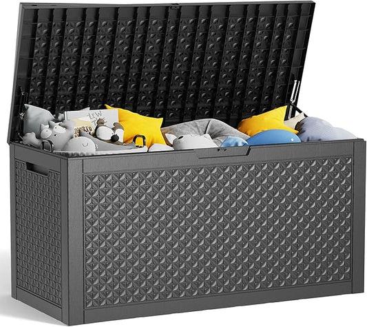 100 Gallon Large Deck Box,Resin Outdoor Storage Box with Lockable for Patio Furniture, Pool Accessories, Garden Tools Waterproof Outside Storage Box, Black Lozenge