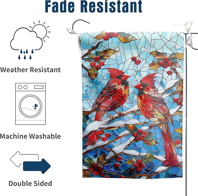 Winter Cardinal Bird Garden Flag for Outside 12x18 Stained Glass Red Birds on Snow Pine Tree Flag Christmas Outdoor Flags Double Sided Welcome New Years Yard Flag
