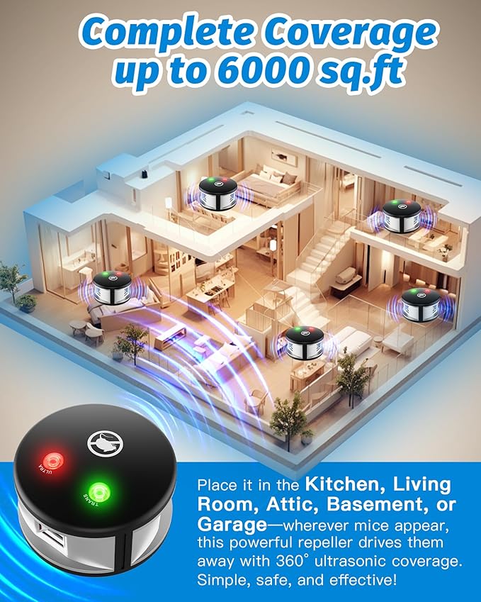 Plug in Rodents Repellent Device, 360° Squirrels Repellent with High-Impact Ultrasound and Pressure Waves Mouse Ultrasonic Repellent for Indoor Use Effective Drive Away Mouse Rodent Mice