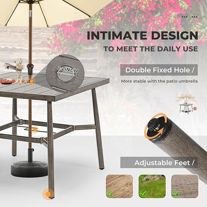 HAPPATIO 5-Piece Outdoor Dining Set for 4, Aluminum Patio Dining Set Includes 1 Large Square Table with Umbrella Hole, 2 Swivel Dining Chairs, and 2 Dining Chairs, for Lawn, Porch, Backyard (Grey)