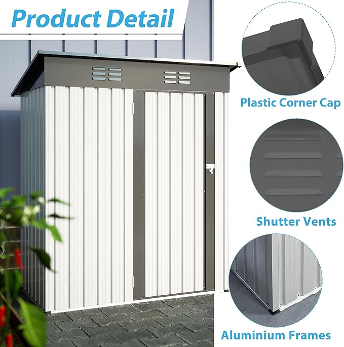 Outdoor Storage Shed, 5x3 FT Galvanized Steel Metal Shed, Lockable Waterproof Tool Storage Sheds for Garden, Patio, Lawn – Durable Storage Solution in Multiple Sizes