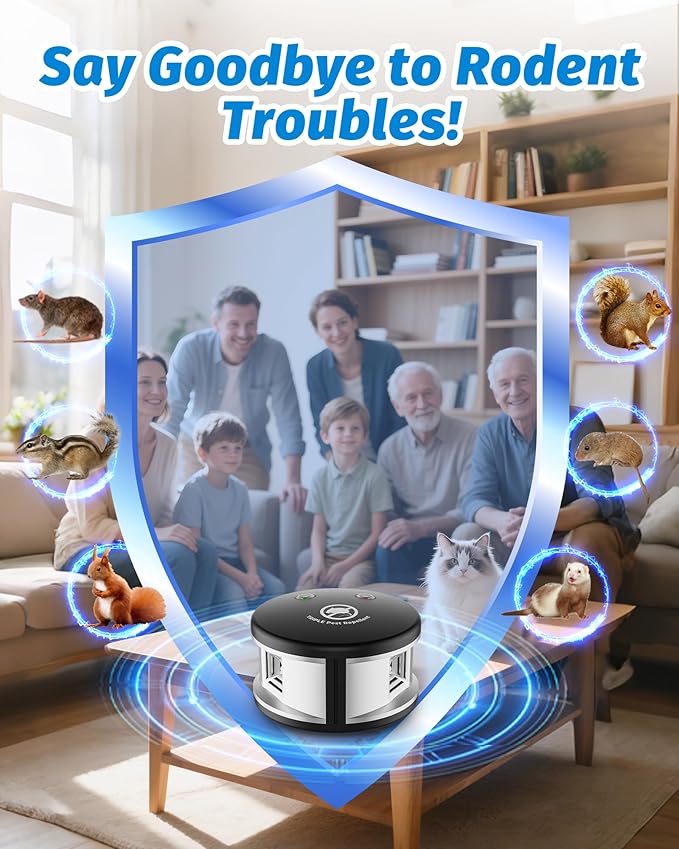 Plug in Rodents Repellent Device, 360° Squirrels Repellent with High-Impact Ultrasound and Pressure Waves Mouse Ultrasonic Repellent for Indoor Use Effective Drive Away Mouse Rodent Mice