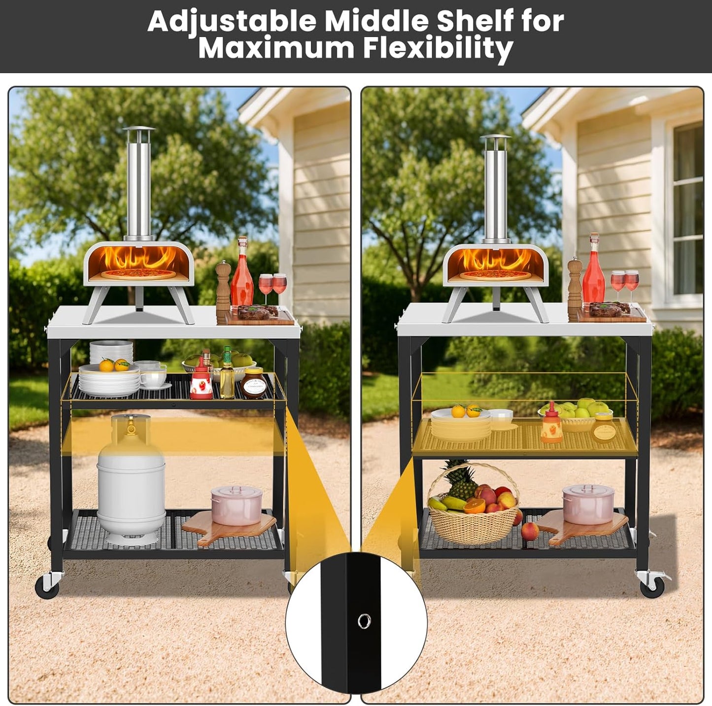 Pizza Oven Table for Ninja Woodfire, Blackstone, Cuisinart, 32x24 Inch Stainless Steel Outdoor Grill Prep Cart with Hooks, Portable Food Station