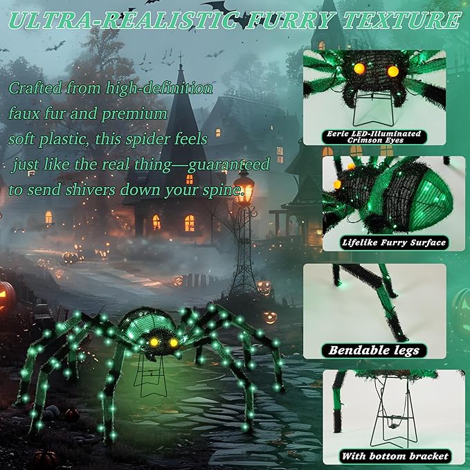 4.2Ft Giant Spider Halloween Decorations Outdoor 52" Light Up Spider with 90 LED Lights for Front Yard, Porch, Garden, Lawn, Halloween Party (Green)